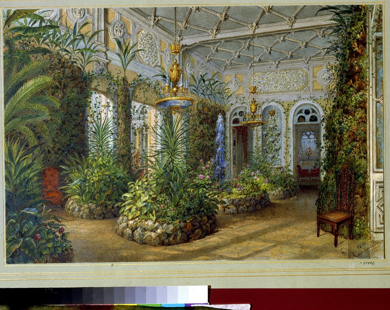 A Jusupov Palota Téli Kertje (Moika Palota) Szentpéterváron (A Téli Kert a Jusupov Palotában Szentpéterváron). Vaszilij Szemjonovics Szadovnyikov (1800-1879) munkája, akvarell papíron alkotó: Vasili Semenovich Sadovnikov