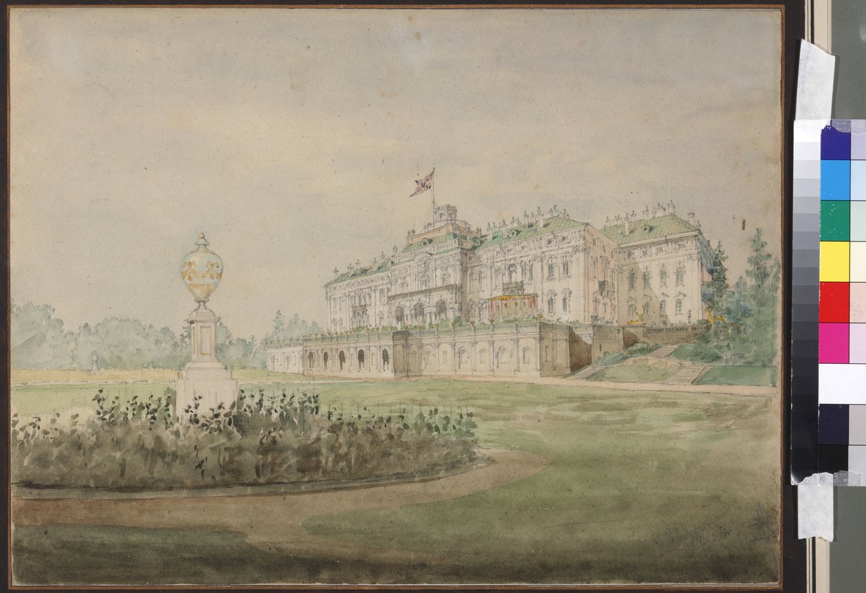 Le palais Constantin a Strelna, pres de Saint Petersbourg – A Szentpétervár melletti sztrelnai Konstantin-palota képe, Szadovnyikov, Vaszilij Szemjonovics (1800-1879). Akvarell papíron alkotó: Vasili Semenovich Sadovnikov