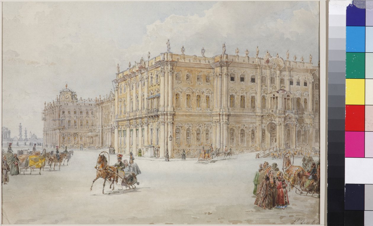 I. Miklós császár lovaglása a Palota téren, Szadovnyikov, Vaszilij Szemjonovics (1800-1879). Akvarell papíron alkotó: Vasili Semenovich Sadovnikov