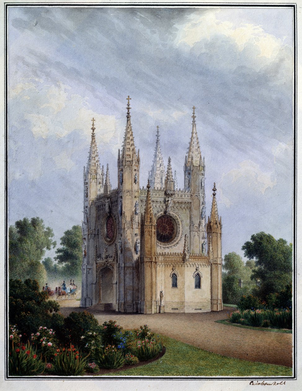 Peterhof (Oroszország) gótikus temploma. Vaszilij Szemjonovics Szadovnyikov (1800-1879) munkája, akvarell, papír, 1830-1840 között. orosz művészet alkotó: Vasili Semenovich Sadovnikov