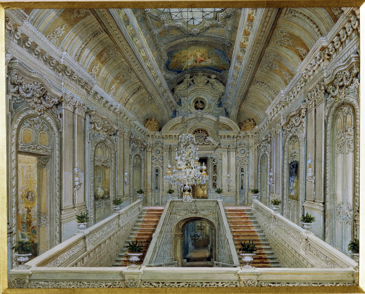 A Jusupov-palota (Moika-palota) fő lépcsőháza Szentpéterváron. (A szentpétervári Jusupov-palota fő lépcsőháza). Vaszilij Szemjonovics Szadovnyikov (1800-1879) munkája, akvarell papíron. orosz művészet alkotó: Vasili Semenovich Sadovnikov