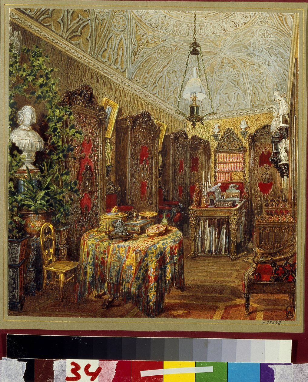 A szentpétervári Jusupov-palota (Moika-palota) dolgozószobája. (A tanulmány a szentpétervári Jusupov-palotában). Vaszilij Szemjonovics Szadovnyikov (1800-1879) munkája, akvarell papíron. orosz művészet alkotó: Vasili Semenovich Sadovnikov