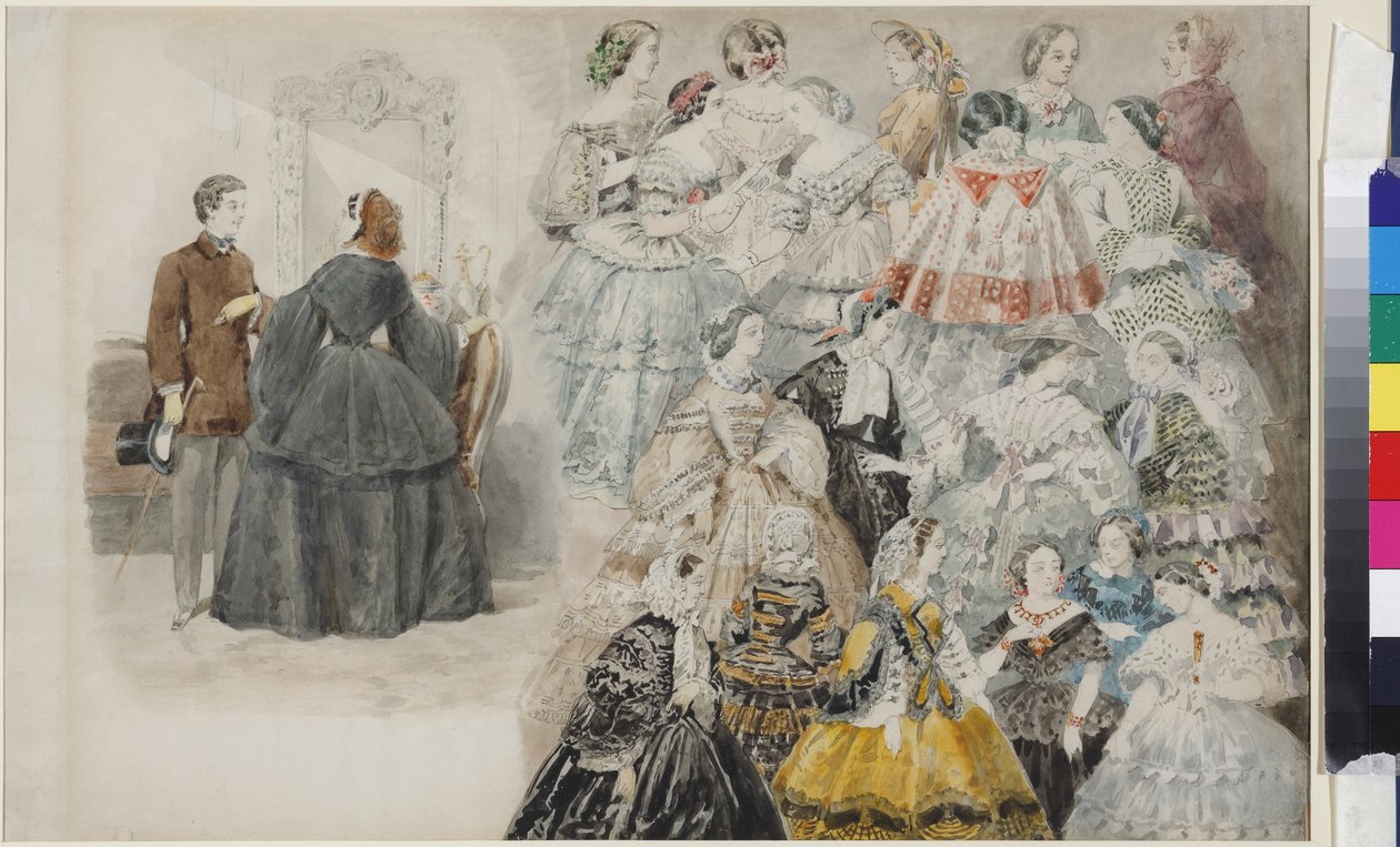 Nőies mód – Női divat, szerző: Szadovnyikov, Vaszilij Szemjonovics (1800-1879). Akvarell, papír, 1840-es évek vége. Szentpétervár Állami Történeti Múzeuma alkotó: Vasili Semenovich Sadovnikov