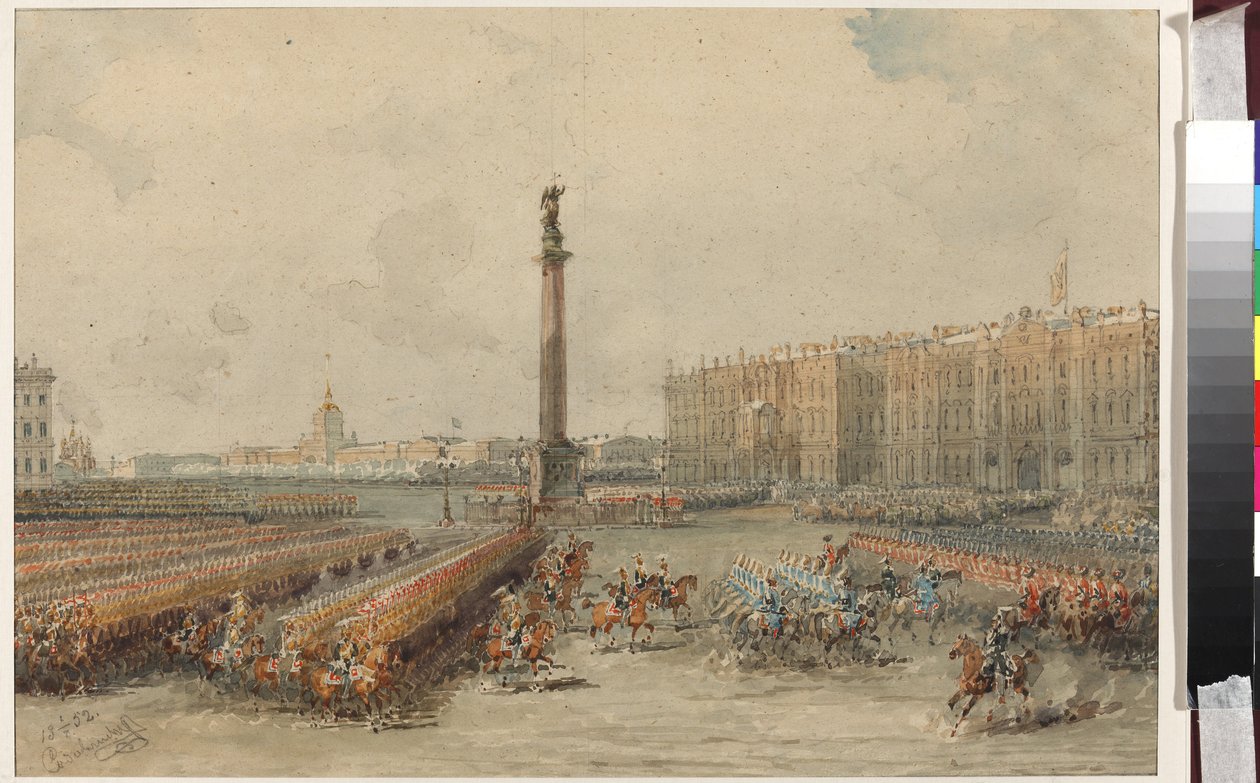 Az Életőrző Lovasezred felvonulása a Palota téren - Vaszilij Szemjonovics Szadovnyikov (1800-1879). Akvarell és fehér színű papíron alkotó: Vasili Semenovich Sadovnikov