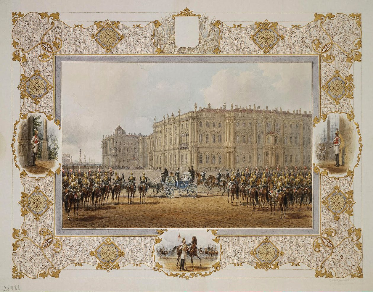 A Téli Palota előtti lóőrezred áttekintése, 1850-es évek alkotó: Vasili Semenovich Sadovnikov