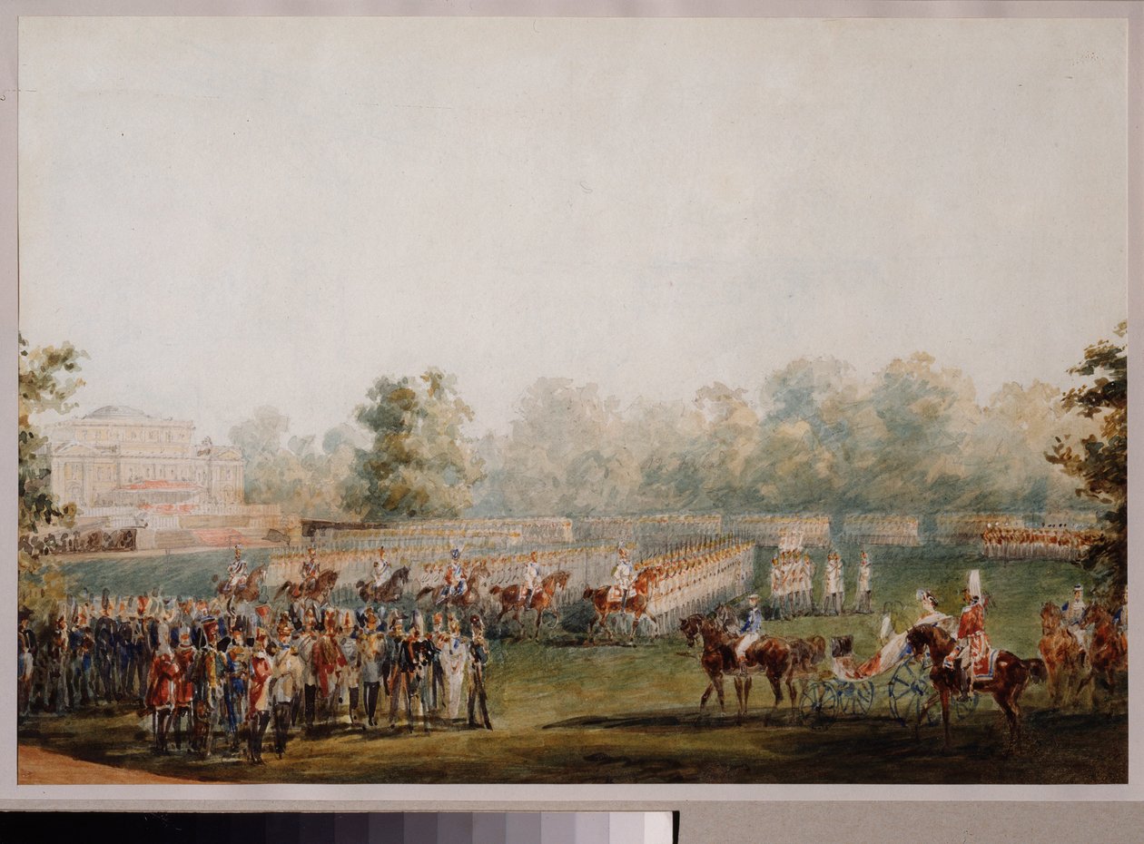 Katonai felvonulás a szentpétervári Elagin palota rétjén. (A császári gárda felvonulása). Vaszilij Szemjonovics Szadovnyikov (1800-1879) munkája, akvarell papíron alkotó: Vasili Semenovich Sadovnikov
