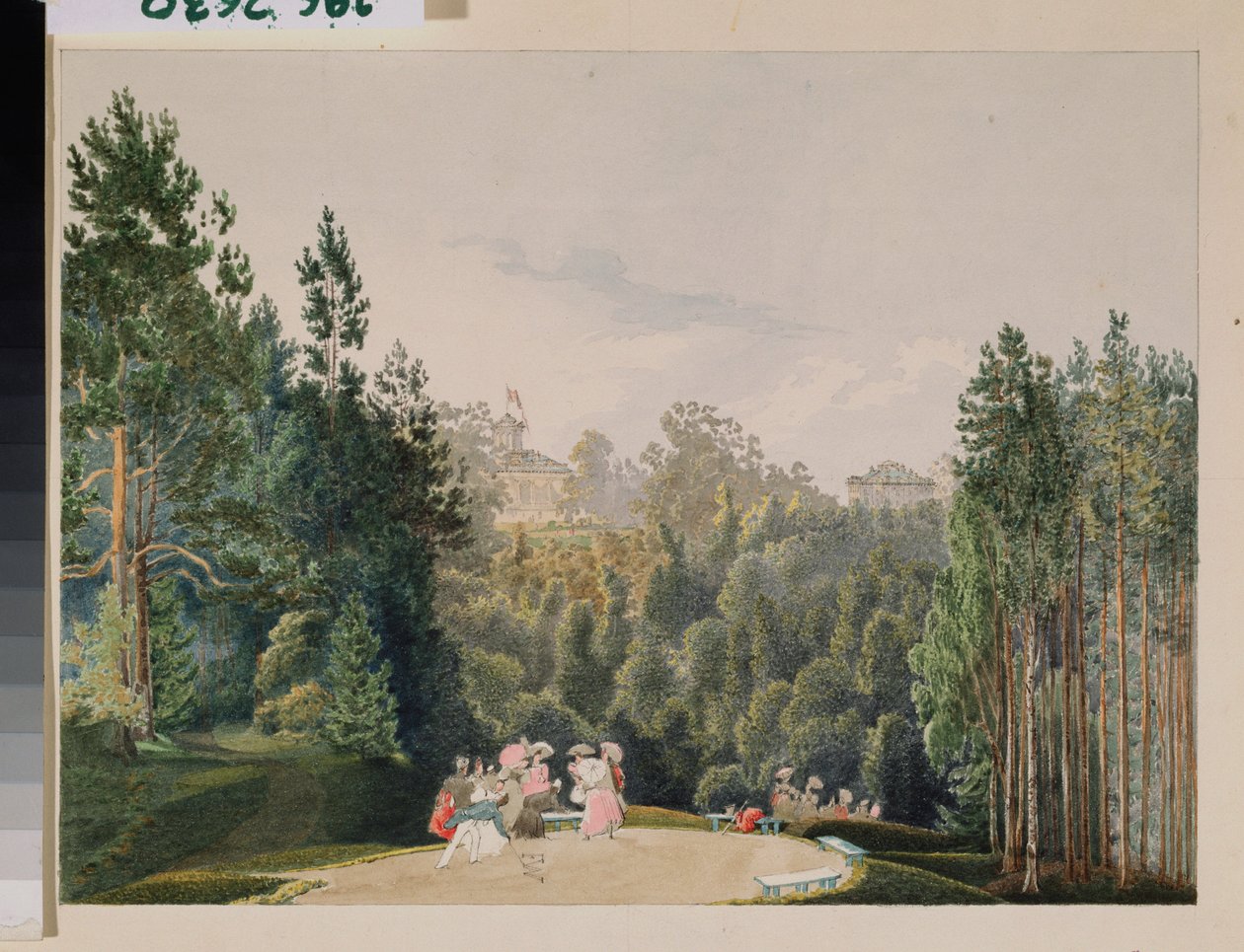 Jelenet egy parkban. Vaszilij Szemjonovics Szadovnyikov (1800-1879) munkája, akvarell papíron alkotó: Vasili Semenovich Sadovnikov