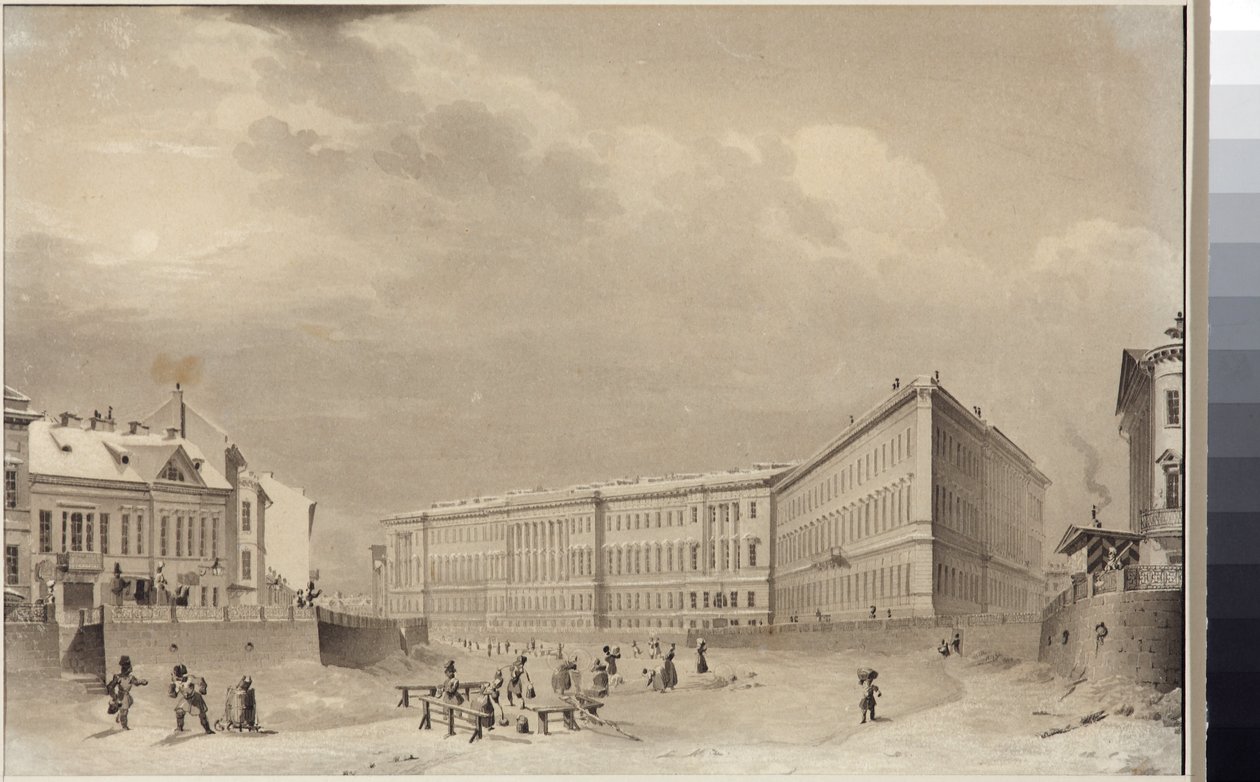Szentpétervár. A vezérkar épülete a Moika folyó partján, Szadovnyikov, Vaszilij Szemjonovics (1800-1879). Akvarell, papír, 1833 előtt. Szentpétervári Állami Történeti Múzeum alkotó: Vasili Semenovich Sadovnikov