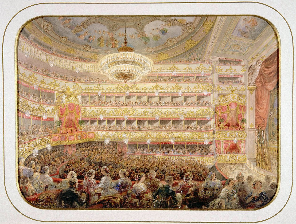 A Szentpétervári Birodalmi Bolsoj Kamennij Színház nézőtere: Szadovnyikov, Vaszilij Szemjonovics (1800-1879). Akvarell, gouache, papír, méret: 35x26 alkotó: Vasili Semenovich Sadovnikov