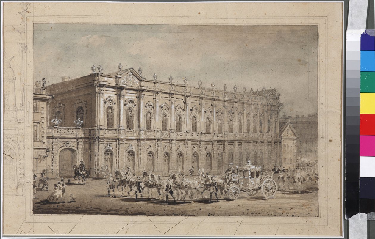 Udvari kocsik múzeuma (Istállómúzeum) Szentpéterváron, Szadovnyikov, Vaszilij Szemjonovics (1800-1879). Akvarell papíron alkotó: Vasili Semenovich Sadovnikov