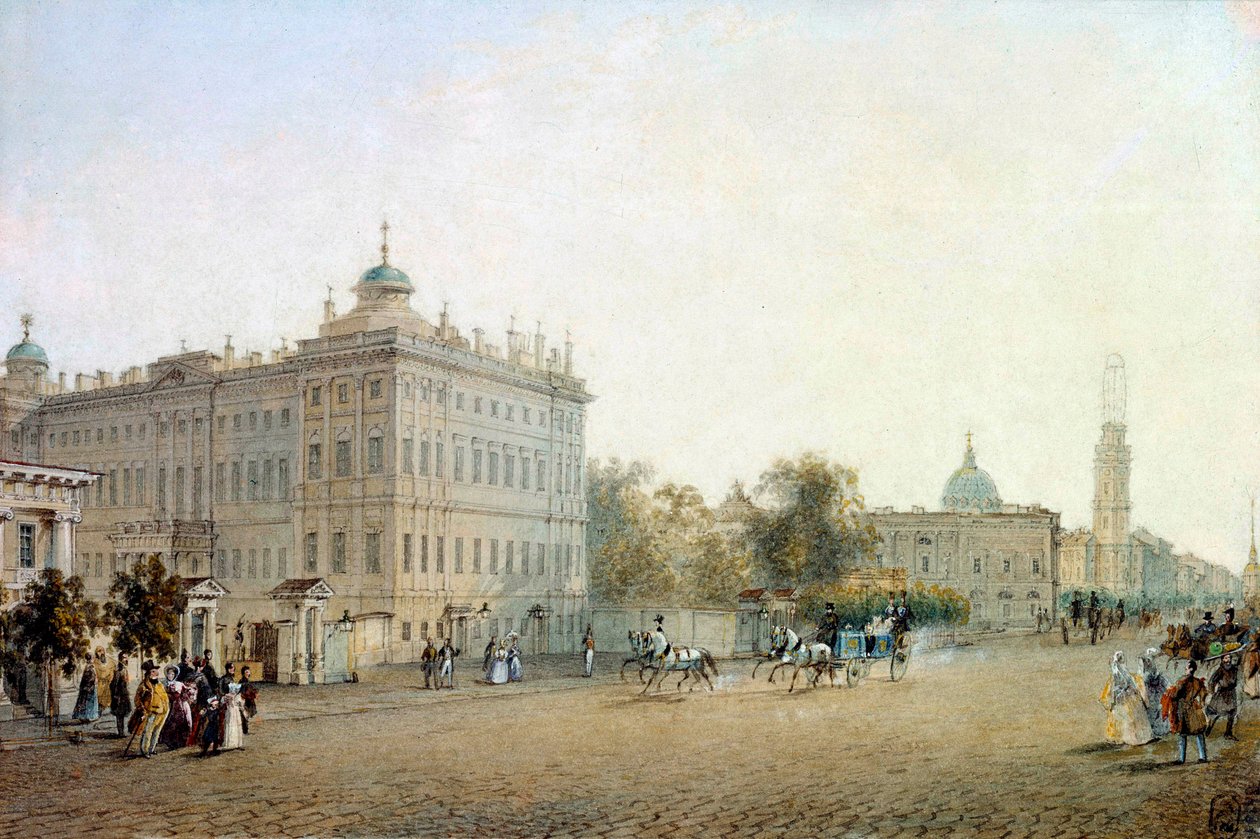 Névszkij (Nevszkij) perspektívája Szentpéterváron 1830-ban. Oroszország Vaszilij Szadovnyikov (1800-1879) akvarellje 1830 Szentpétervár. Az Ermitázs könyvtára alkotó: Vasili Semenovich Sadovnikov