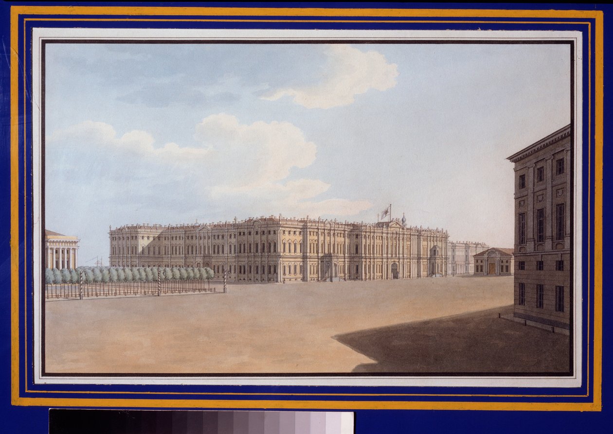 Kilátás a Téli térre a Neva Avenue-ról (Nevsky Prospect), Szentpétervár. Vaszilij Szemjonovics Szadovnyikov (1800-1879) munkája, akvarell papíron alkotó: Vasili Semenovich Sadovnikov