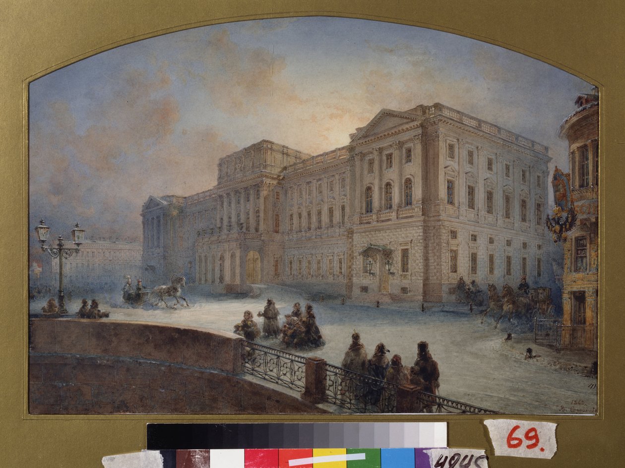Kilátás a Marlinsky-palotára télen (Szentpétervár). Vaszilij Szemjonovics Szadovnyikov (1800-1879) munkája, akvarell papíron alkotó: Vasili Semenovich Sadovnikov