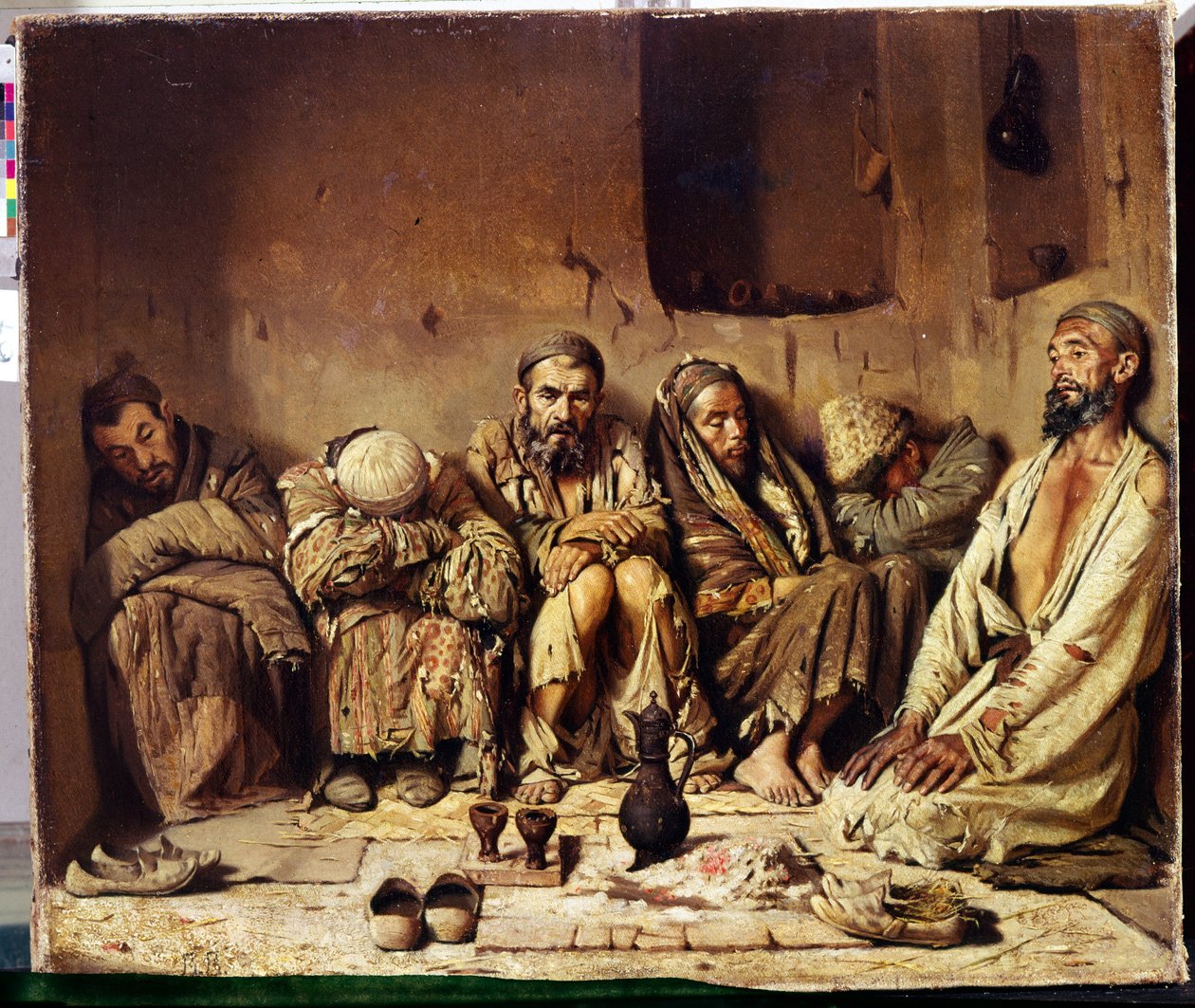 Orientalizmus: ópiumdohányosok ülnek egy utcán a Közel-Keleten (Az ópiumdohányosok). Vaszilij Vasziljevics Verescsagin (Verescsagin, Verescsagin) festménye (1842-1904) alkotó: Vasili Vasilievich Vereshchagin