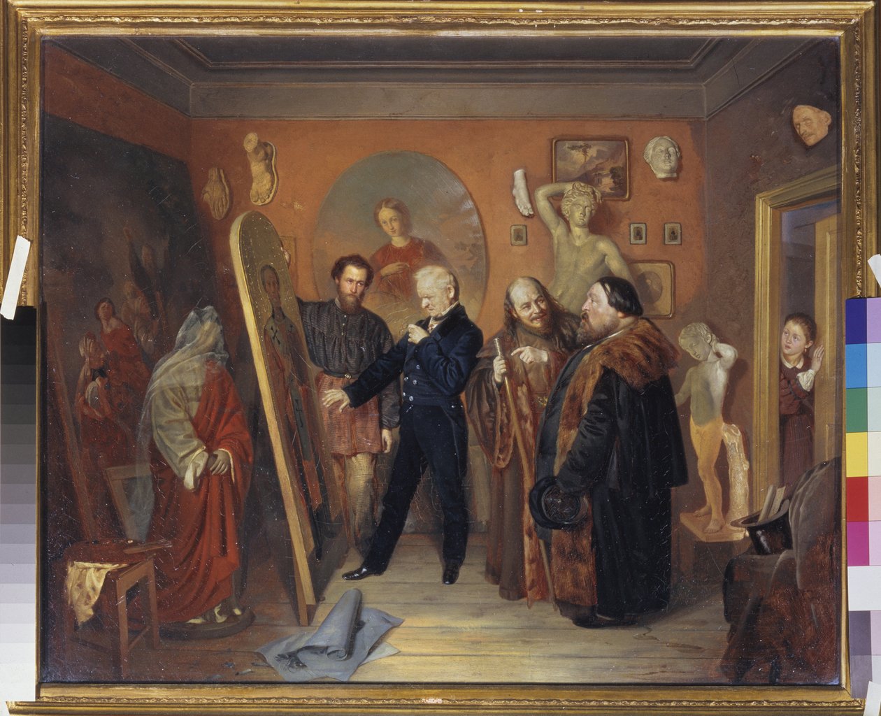 A festő műterme. Egy festő megmutatja egyik festményét műkereskedőknek. Egy gyerek figyeli a jelenetet. Vaszilij Vlagyimirovics Pukirev (Vaszilij Pukirev) (1832-1890) festménye, olaj, vászon alkotó: Vasili Vladimirovits Pukirev