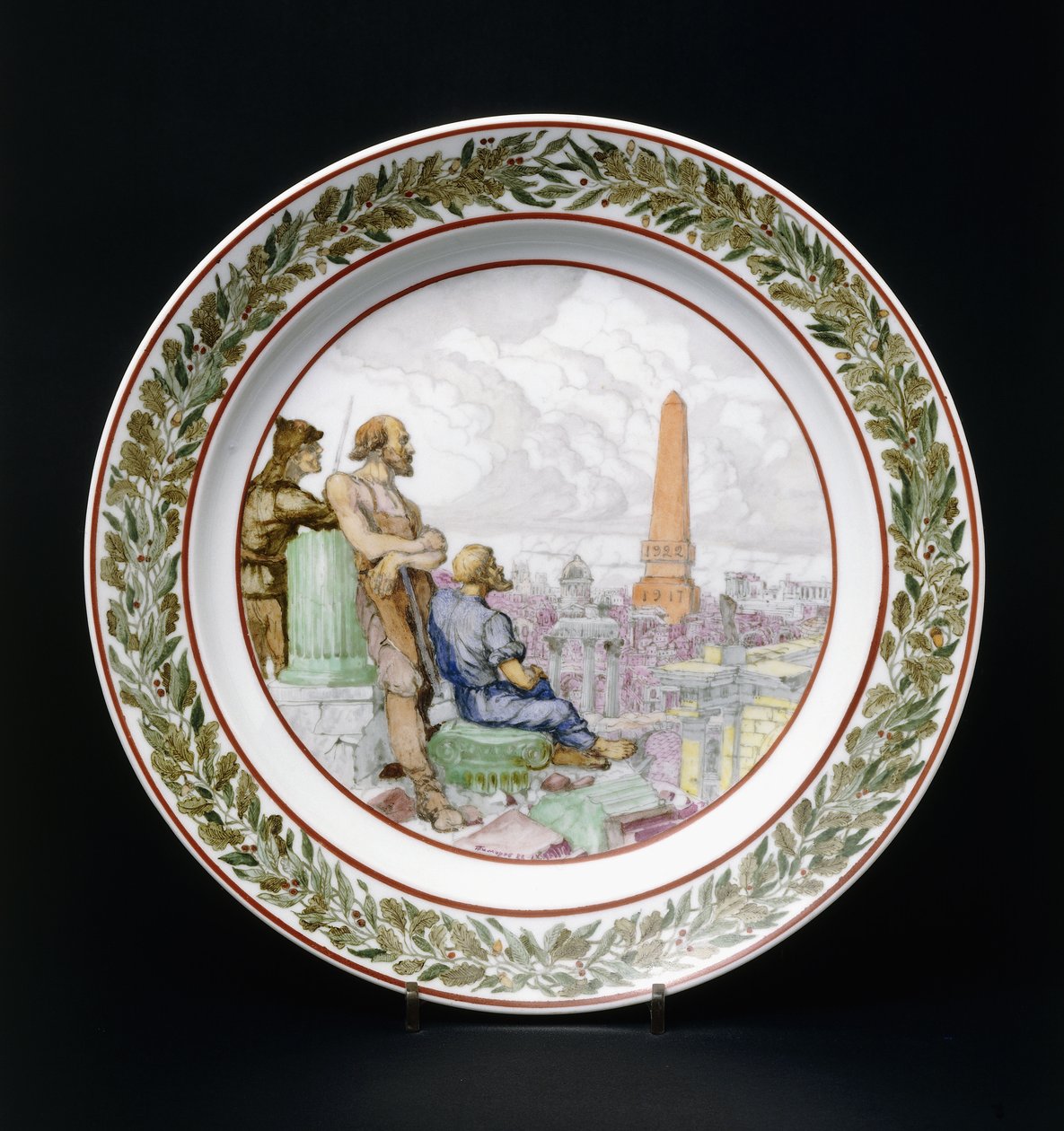Szovjet propaganda porcelán edény, amely a Vörös Hadsereg katonáját, munkást és parasztot ábrázolja alkotó: Vasilii Timorev
