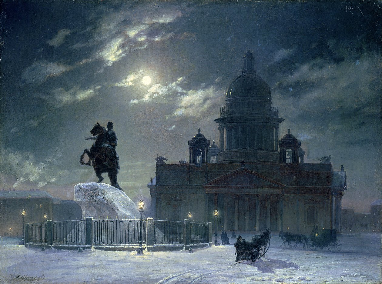 Kilátás a Nagy Péter-emlékműre a Szenátus téren, Szentpétervár, 1870 alkotó: Vasilij Ivanovic Surikov