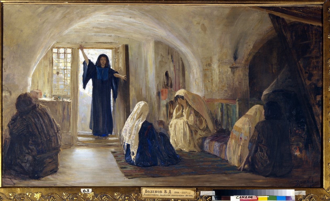 Örömkönnyek kiváltása (egy sugárzó fiatal nő belép egy házba, ahol mindenki mocorogva ül és sír) (Síros örömbe torkollott) - Vaszilij Dmitrijevics Polenov (1844-1927) festménye, olaj, vászon (80x141 cm), 1899- 1905 – Állam alkotó: Vasilij Dmitrievich Polenov