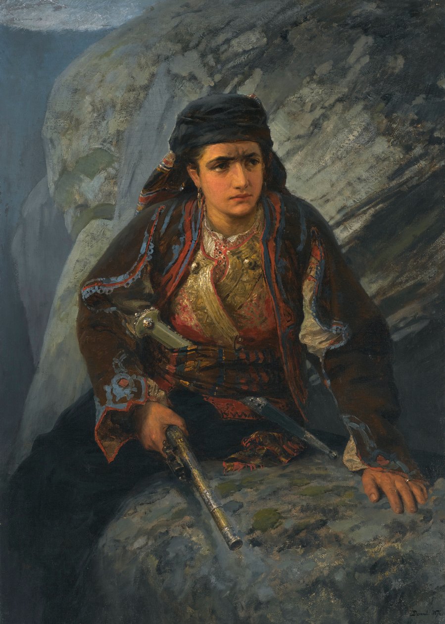 "Le guet" (A kilátó) Fiatal nő, aki pisztollyal a kezében virraszt - Vaszilij Polenov festménye (1844-1927) alkotó: Vasilij Dmitrievich Polenov