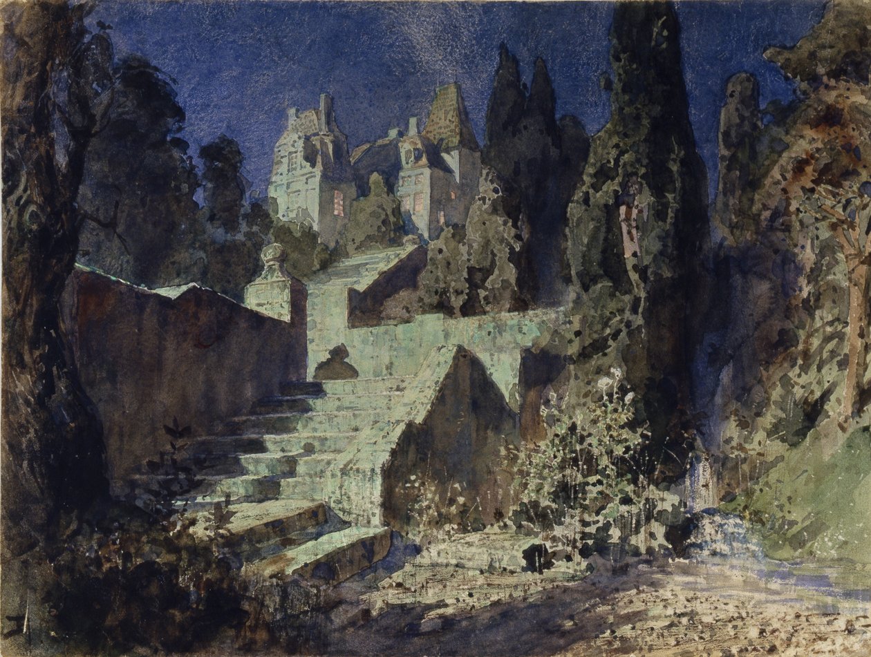 Színpadterv N. Krotkov A skarlát rózsa című operájához, 1884 alkotó: Vasilij Dmitrievich Polenov