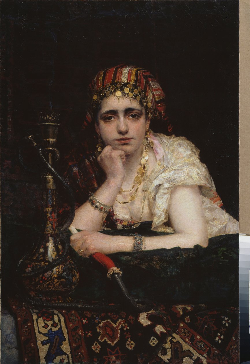 Egy odaliszk. (Hárem nő portréja, melankolikus tekintettel, kezében vízipipa). Vaszilij Dmitrijevics Polenov (1844-1927) festménye, olaj, vászon. 19. századi orosz művészet, orientalizmus. A Fehérorosz Köztársaság Nemzeti Művészeti Múzeuma, Minszk (Bieloru alkotó: Vasilij Dmitrievich Polenov