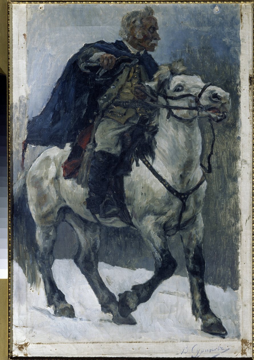 Alekszandr Szuvorov (1729-1800) lóháton. (Alexander Suvorov lóháton). Az orosz hősről azt írják, hogy az olasz hadjárat (1799-1800) során orosz csapatok élén átkel az Alpokon. Vaszilij Ivanovics Surikov festménye (Vaszilij Surik alkotó: Vasilij Ivanovic Surikov