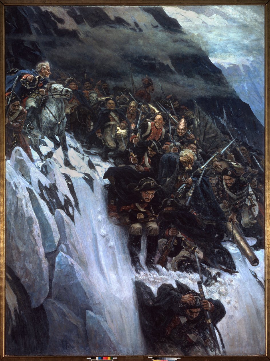 Olasz hadjárat (1799-1800): Alekszandr Szuvorov (Suwarow vagy Souwarow Rimniski vagy Rimnitskoi) (1729-1800) és az orosz csapatok felvonulása az Alpokon 1799-ben - Szuvorov menetelése az Alpokon 1799-ben - Vaszilij Ivanovics Surikov festménye alkotó: Vasilij Ivanovic Surikov