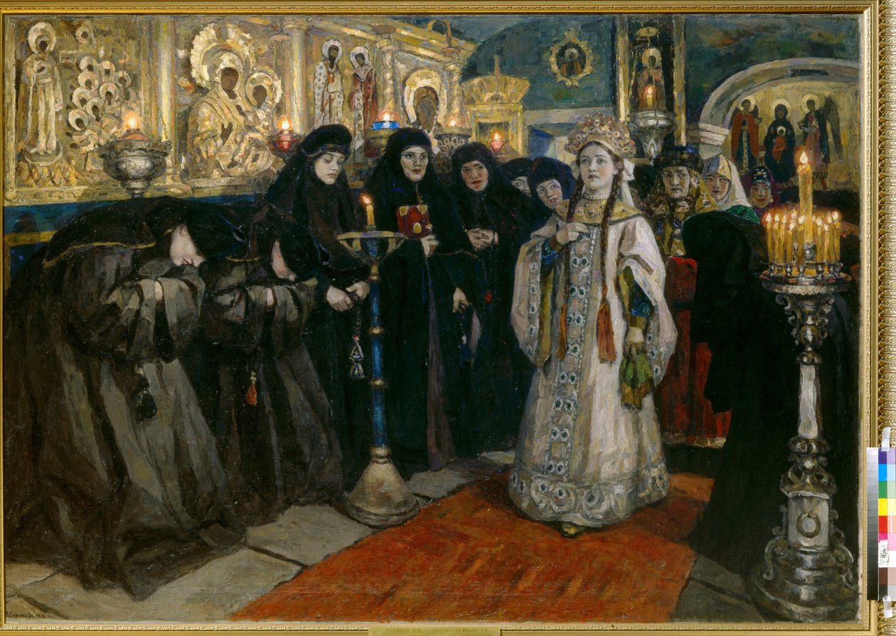 A nagyhercegnő kolostorba látogat. (Tsarevna kolostorba látogatott). Vaszilij Ivanovics Szourikov (Vaszilij Szurikov vagy Vaszilij Surikov) festménye (1848-1916), olaj, vászon alkotó: Vasilij Ivanovic Surikov