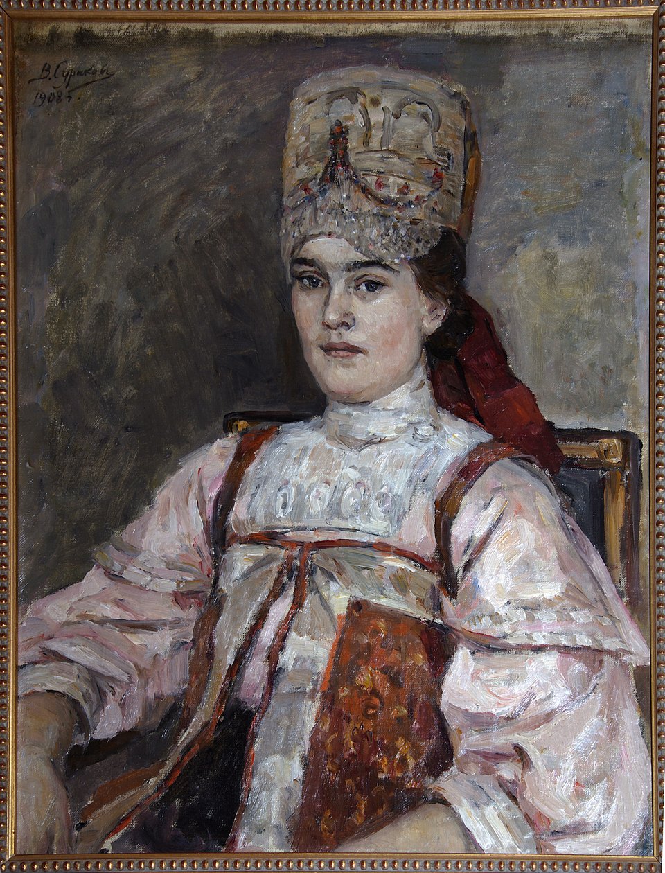 Natalia Fjodorovna Matvejeva portréja – Vaszilij Ivanovics Szourikov (Vasily Surikov ou Vassili Surikow) (1848-1916), huile sur toile (69x58 cm) 1908 – Natalia Fjodorovna Matvejeva portréja, Vaskovili Ivanovich Surikov Olaj, vászon alkotó: Vasilij Ivanovic Surikov