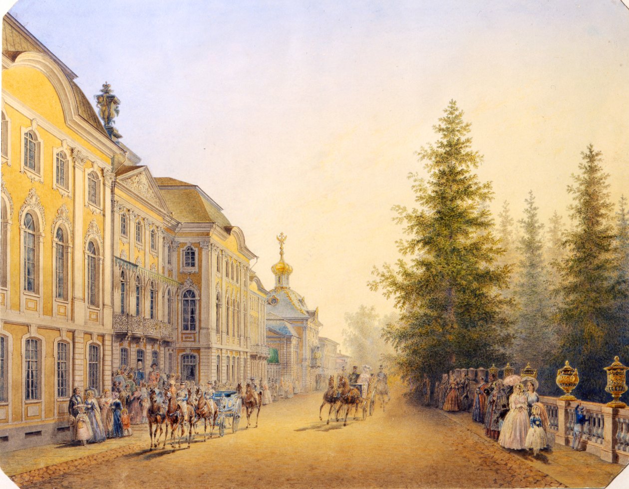 "A nagy palota főbejárata a Peterhofban", 1852 alkotó: Vasilij Semenovic Sadovnikov