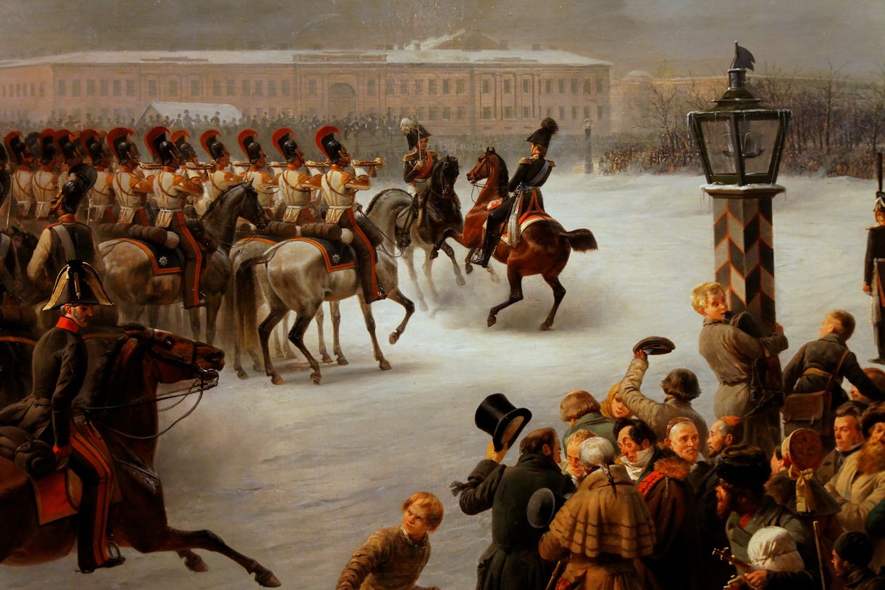 Támadás a dekabristák terén a felállított őrök ezrede által 1825. december 14 -én alkotó: Georg Wilhelm Timm