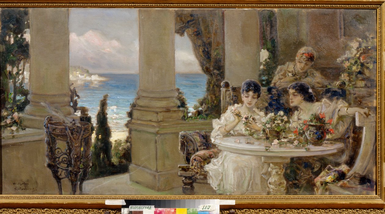Sur la terrasse - Peinture de Vassili (Vasili, Vasilii, Wilhelm) Alexandrovich Kotarbinsky (Kotarbinski, Kotarbinskii) (1849-1921), huile sur toile - A teraszon, Olaj, vászon, Vaszilij Alekszandrovics Kotarbinszkij - Regionális Művészeti Múzeum, Kirovohrad alkotó: Vasily Alexandrovich Kotarbinsky