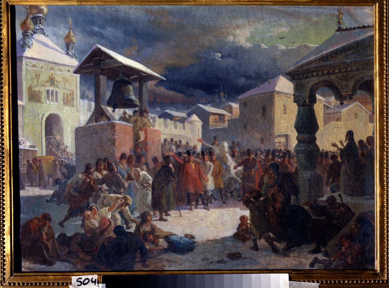 A veccse (a szláv országok középkori népgyűlése) a Novgorodi Köztársaságban (A veccse a Novgorodi Köztársaságban). Vaszilij Grigorjevics Khudyakov (1826-1871) festménye. Olajfestmény alkotó: Vasily Grigorievich Khudyakov