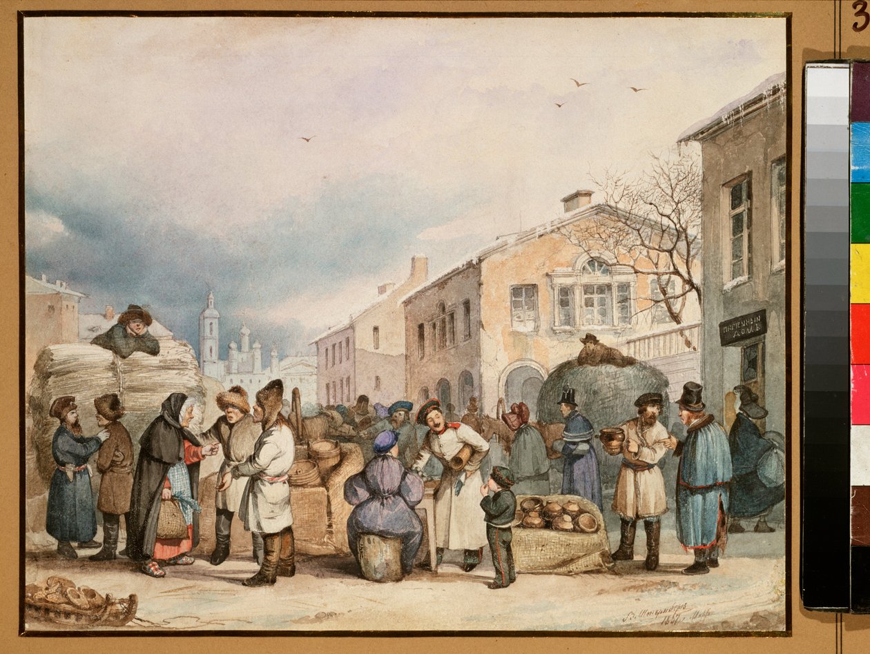 A szentpétervári szénapiac - Vaszilij Ivanovics Shternberg (1818-1845) munkája, akvarell papíron alkotó: Vasily Ivanovich Sternberg