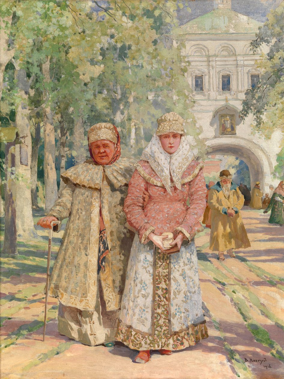 A kolostor kapuján kívül - Vaszilij Ivanovics Navozov (1862-1919) festménye, olaj, vászon (49x41,5 cm) alkotó: Vasily Ivanovich Navozov