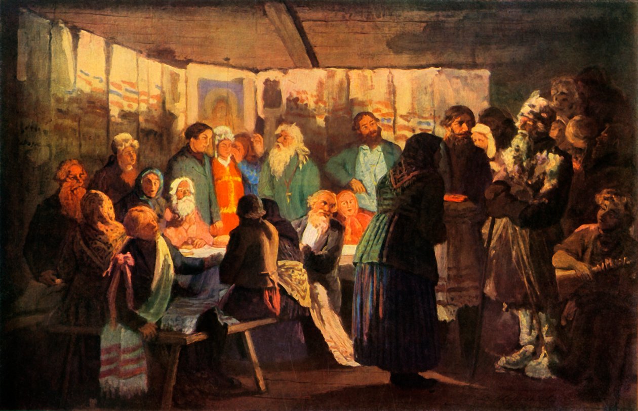 „A bűvész megérkezik a falusi esküvőre”, 1874, 1965. alkotó: Vasily Maksimov