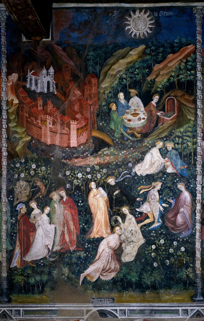 Május hónap: fiatal arisztokrata párok és hölgyek a rózsakertben (rózsakertben). A szerelem és a béke jelenete rózsák között. Az asztal alján az emberek étkeznek, és forrásvizet isznak egy szökőkútból. A jobb oldalon egy erődített város látható alkotó: Venceslao Maestro