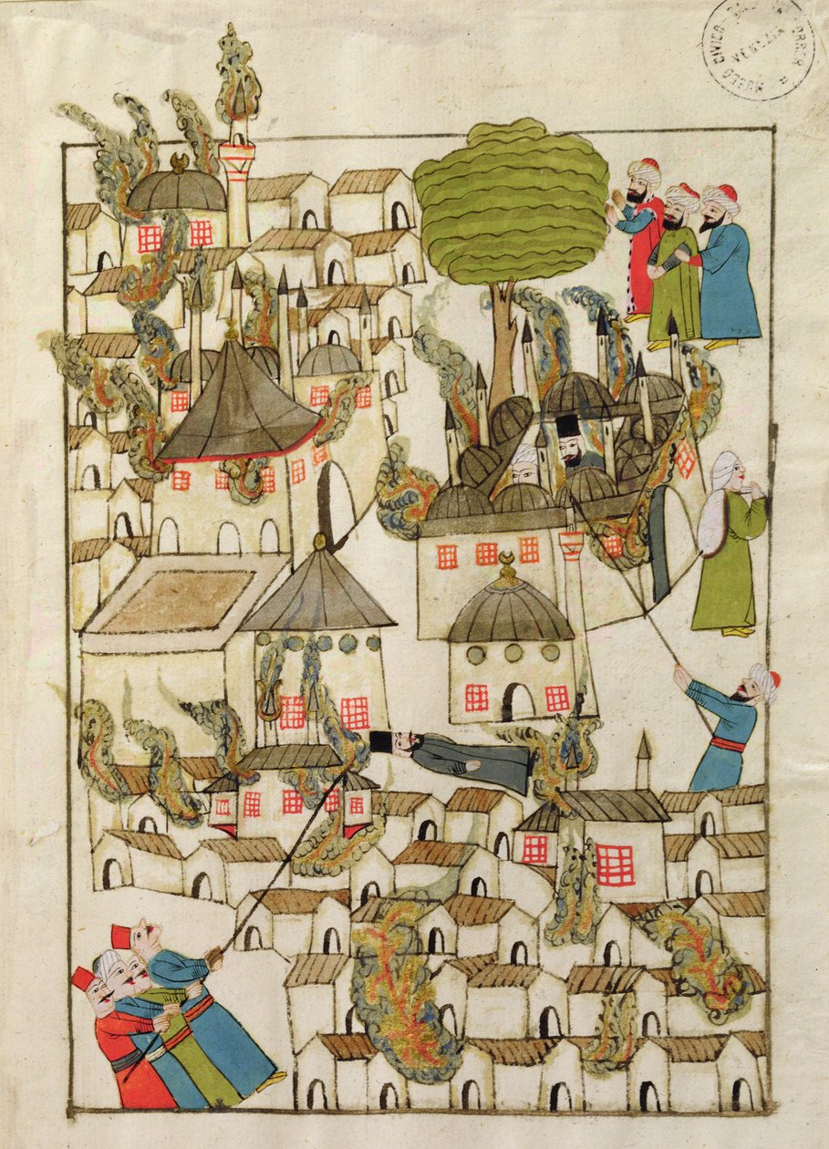 Ms. cicogna 1971, miniatűr a „Memory Turchese”-ből, amely az 1660-as konstantinápolyi tűzvészt ábrázolja alkotó: Venetian School