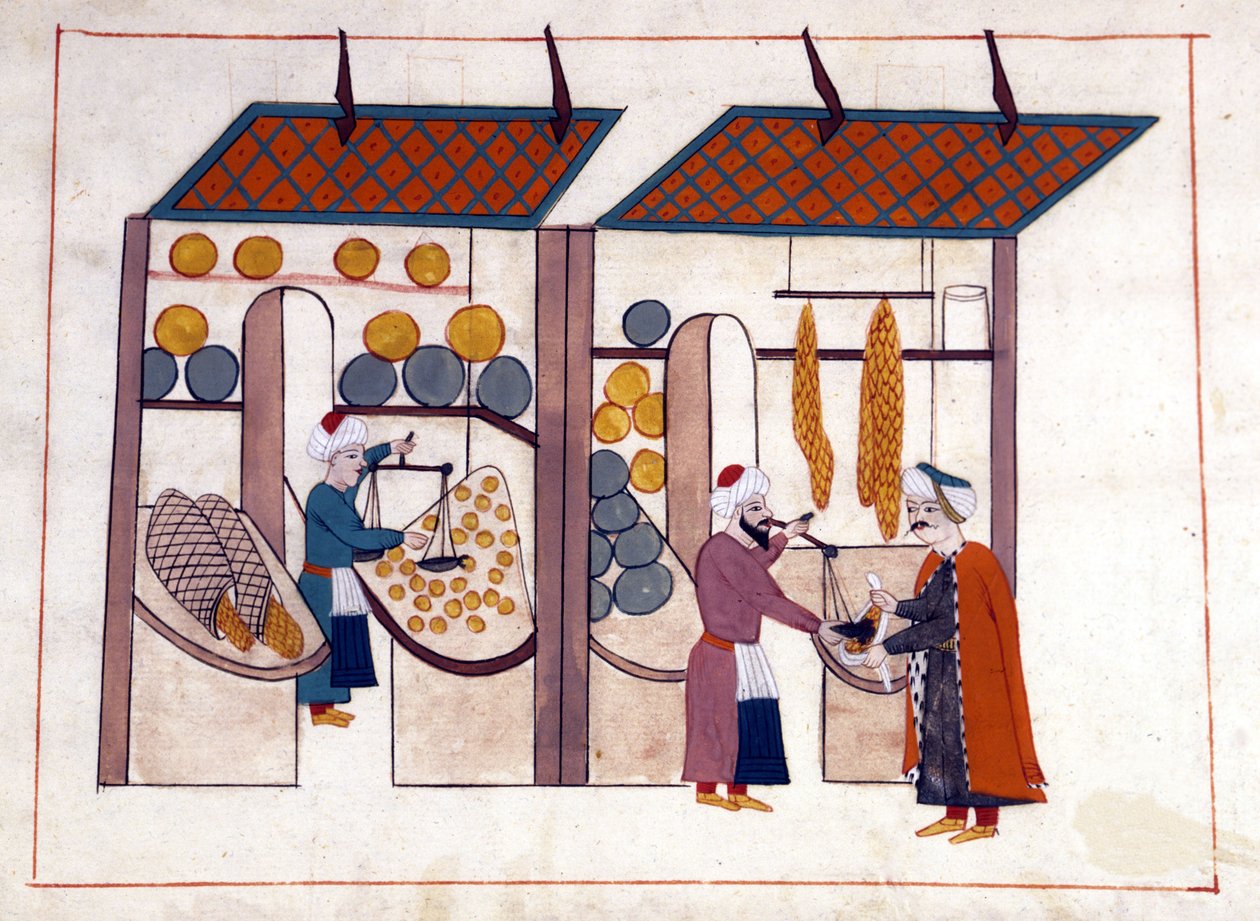 Gyümölcs- és zöldségkereskedő (négy évszak) Konstantinápolyban, Törökországban az Oszmán Birodalom alatt. Miniatűr a „” török emlékművekből”” (Cicogna kódex 1971 „Memorie Turchesche”) Akvarell a 17. századi velencei iskolából. alkotó: Venetian School