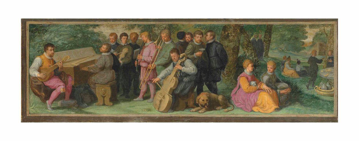 Lelkipásztori hangverseny, elegáns figurákkal, akik citronon, klavikordon, hegedűn, kornetten, harsonán és csellón játszanak (olaj, tábla) alkotó: Venetian School