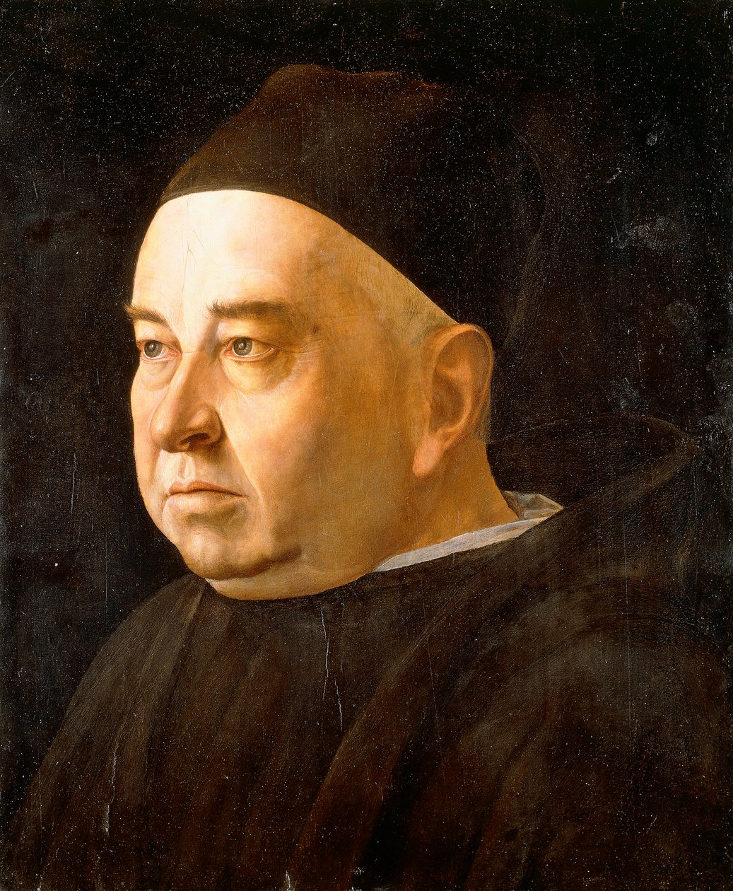 Egy pap portréja, mellig érő fekete kabátot és sapkát visel, 1490 körül alkotó: Venetian School