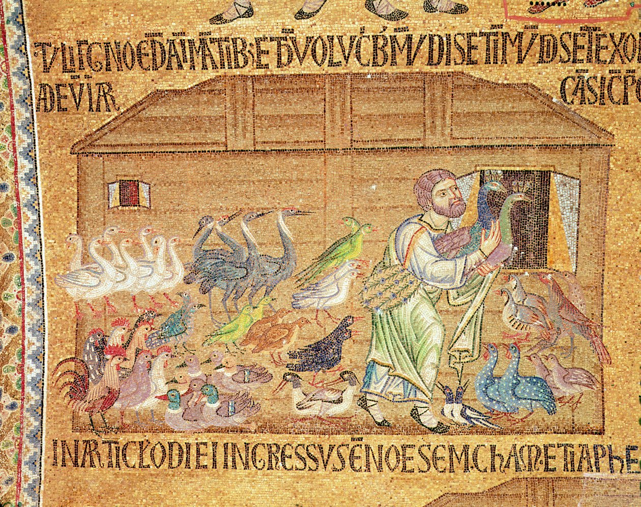 Az özönvíz az átriumból, Noé részlete, amint madarakat rak a bárkára (mozaik) alkotó: Byzantine School