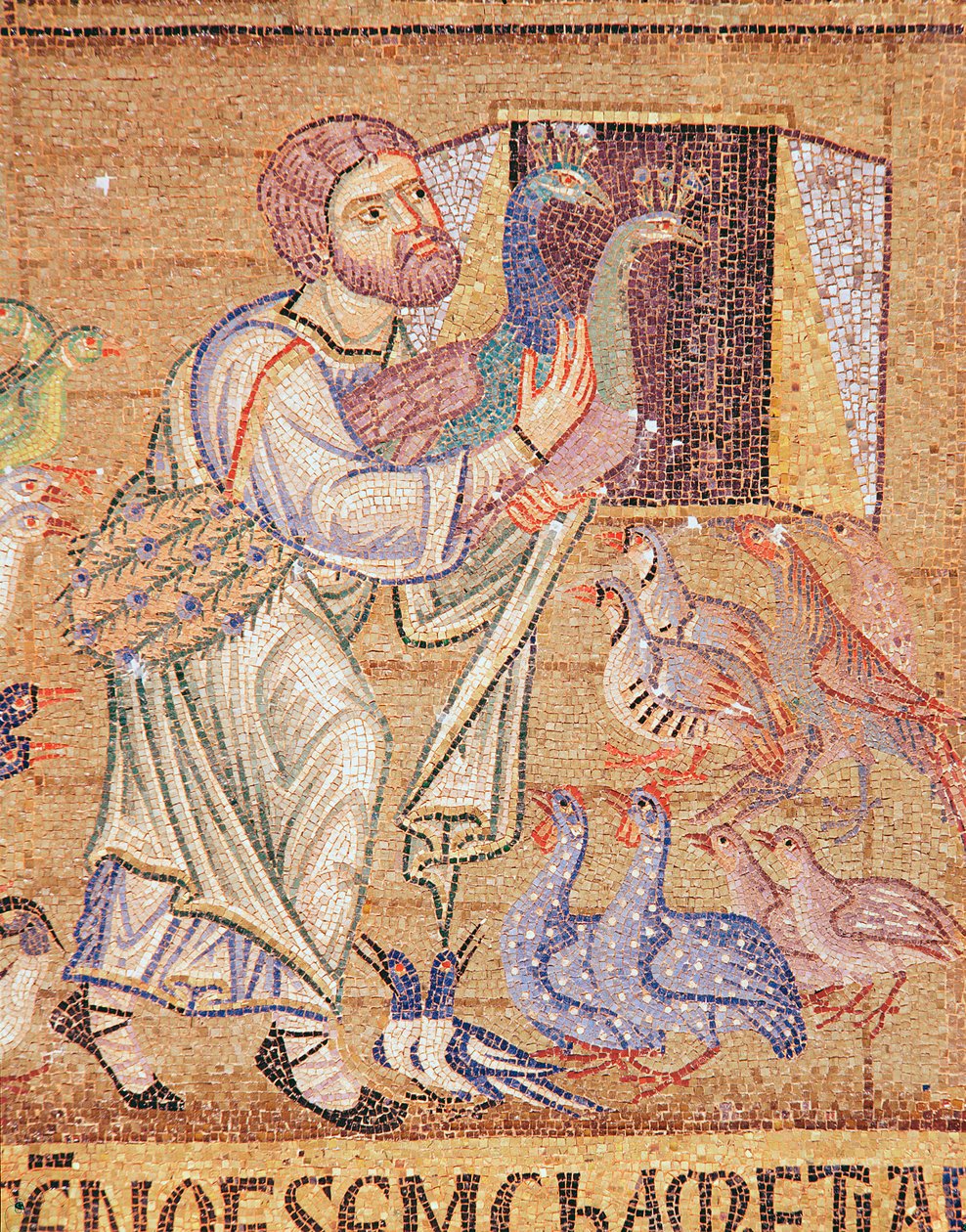 Az özönvíz az átriumból, Noé részlete, amint pávákat rak a bárkára (mozaik) alkotó: Byzantine School