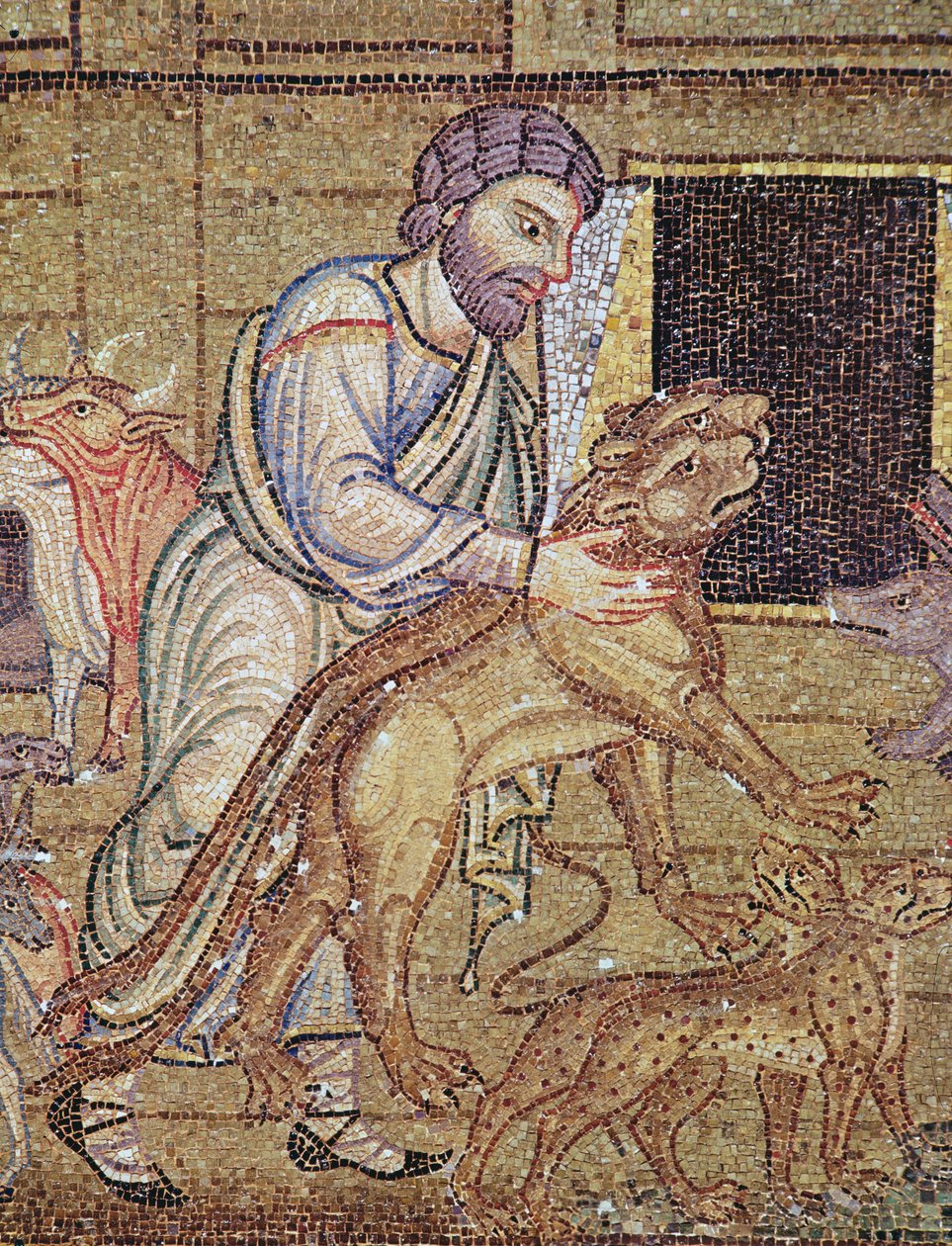 Az özönvíz az átriumból, Noé részlete, amint vadállatokat helyez a bárkára (mozaik) (249414 részlet) alkotó: Byzantine School