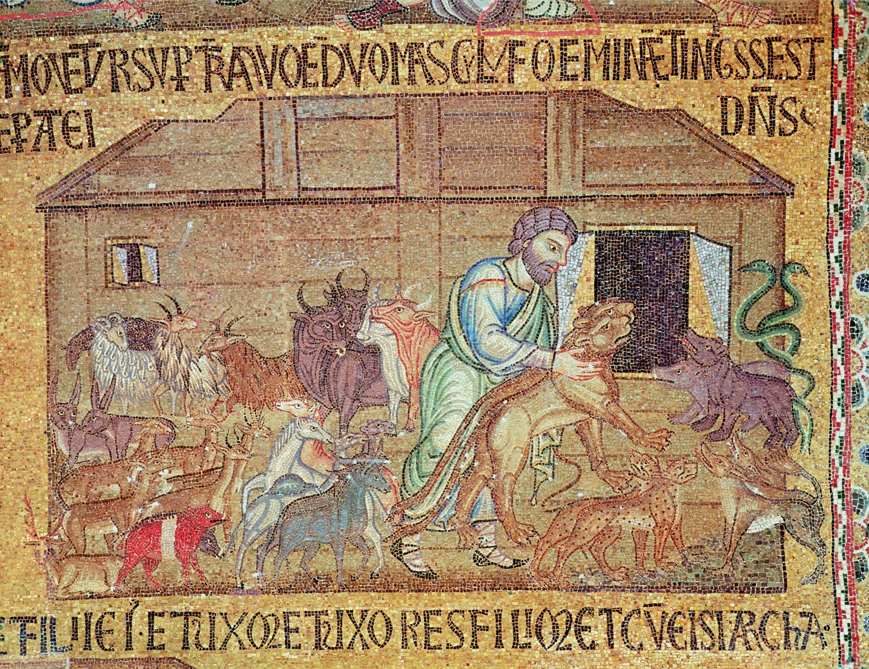Az özönvíz, az átriumból, részlet, ahogy Noé vadállatokat helyez a bárkára (mozaik) alkotó: Byzantine School
