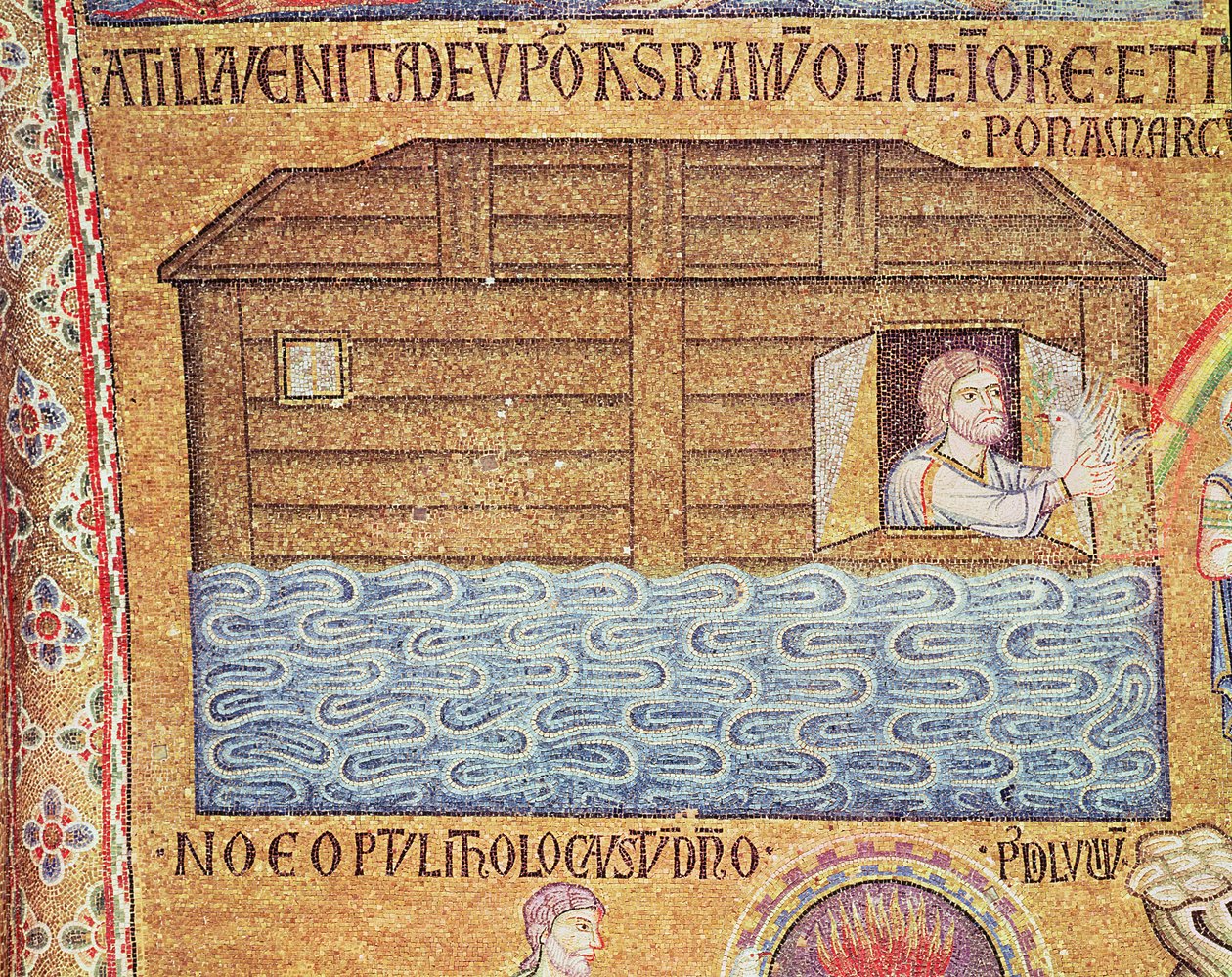 Az özönvíz az átriumból, részlet Noéról, aki megkapta a fehér galambot (mozaik) alkotó: Byzantine School