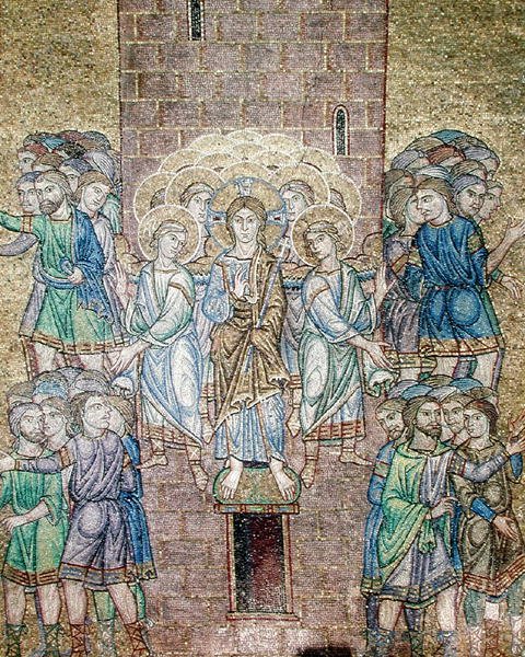 Bábel tornya, Krisztus és a munkásokat szétoszlató szentek részlete alkotó: Byzantine School
