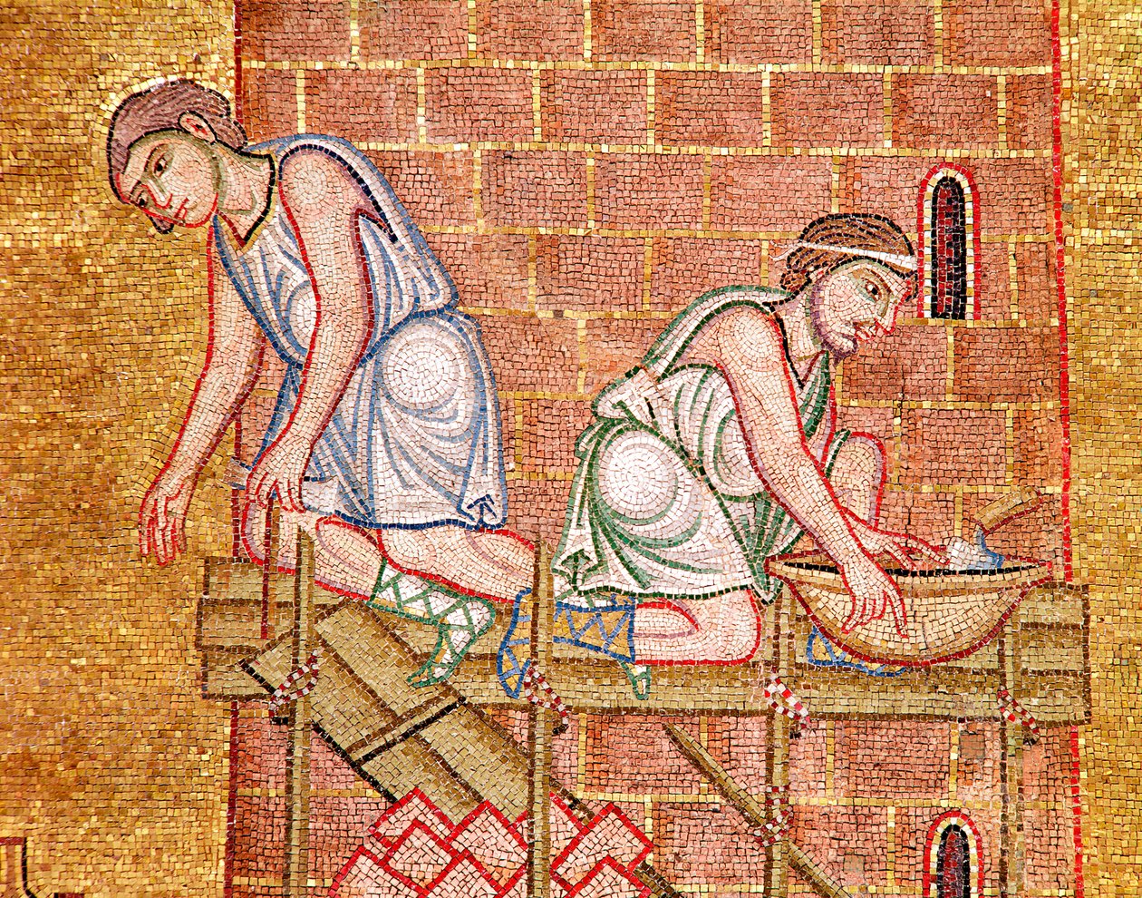 Bábel tornya az átriumból, két építő részlete (mozaik) alkotó: Byzantine School