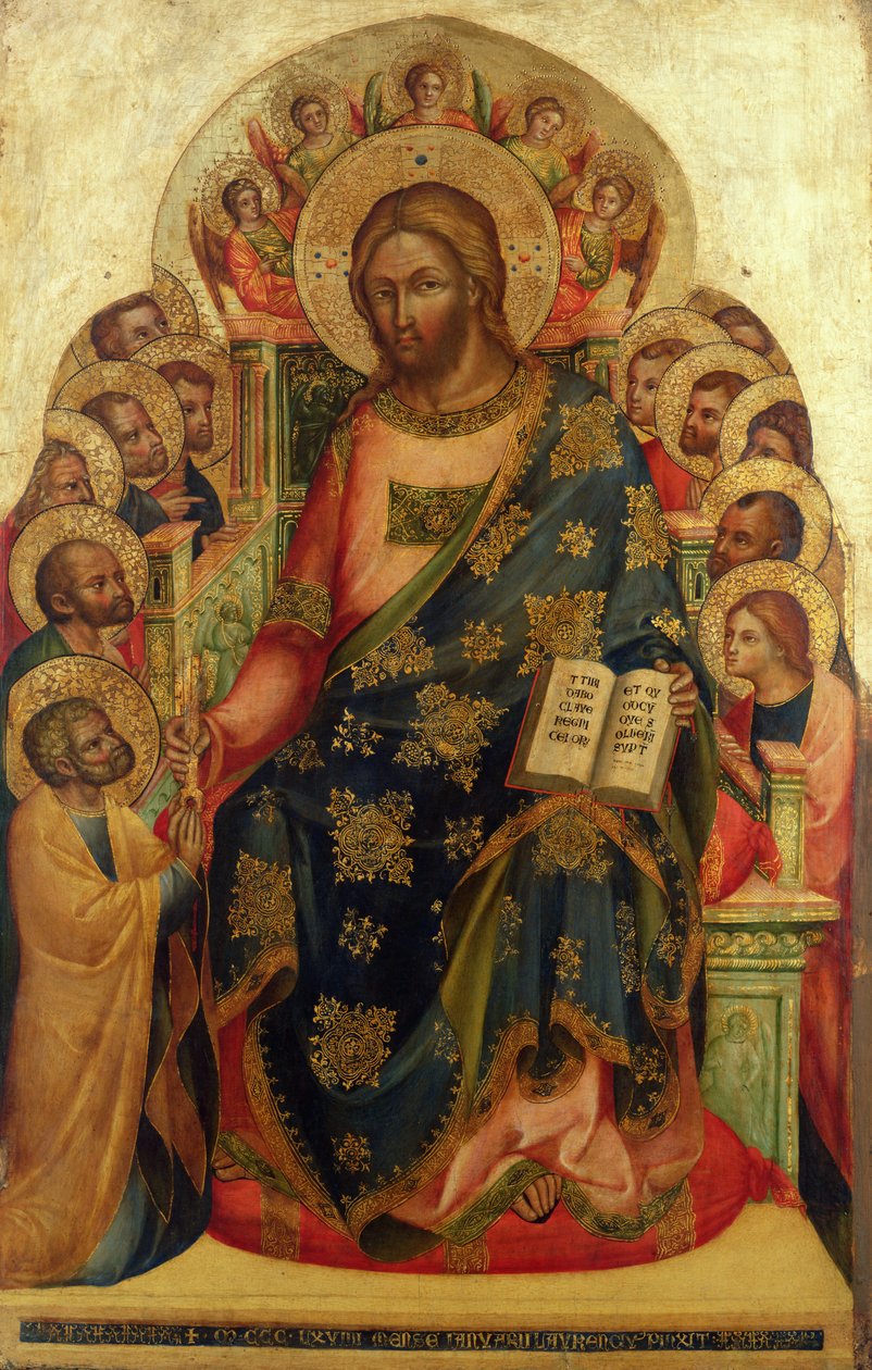 Krisztus trónoló szentekkel és angyalokkal, átadja a kulcsot Szent Péternek alkotó: Lorenzo Veneziano