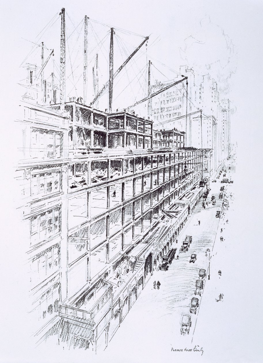 Az Empire State Building 8. emeletén lévő daruk látképe, 1930 május, közzétette William Edwin Rudge alkotó: Vernon Howe Bailey